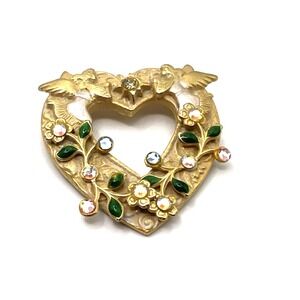 Vintage Hallmarked Kerissa heart Angles With Flowers Enamel Brooch Pin